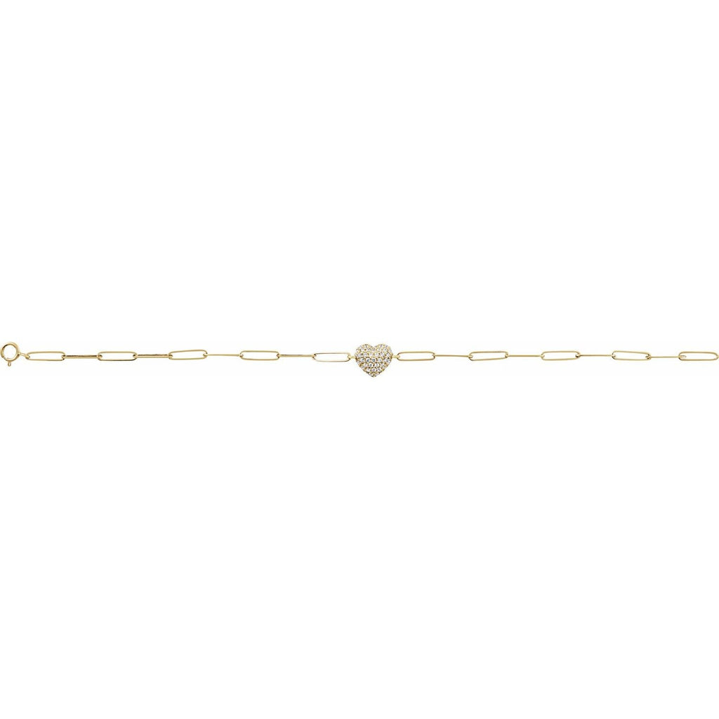 0.35ct Natural Mined Diamond Puffed Heart Paperclip Bracelet in 14k Gold