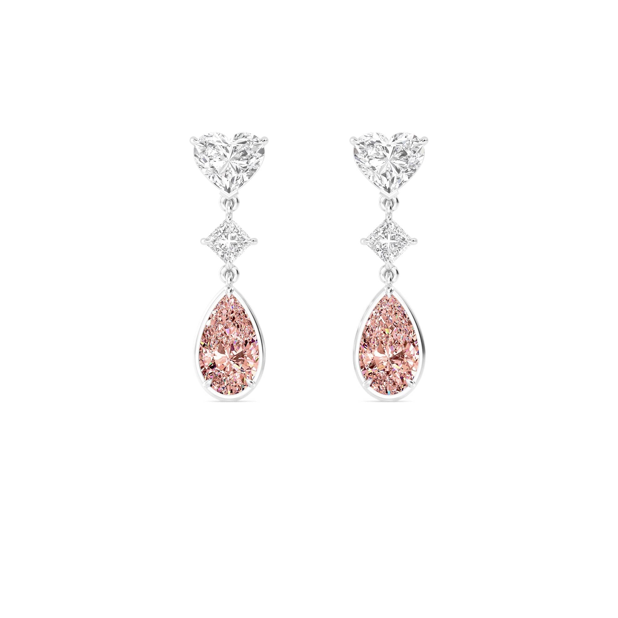 10.36ct Heart Princess and Pink Pear cut Lab Grown Diamond Exceptional Trilogy Earrings
