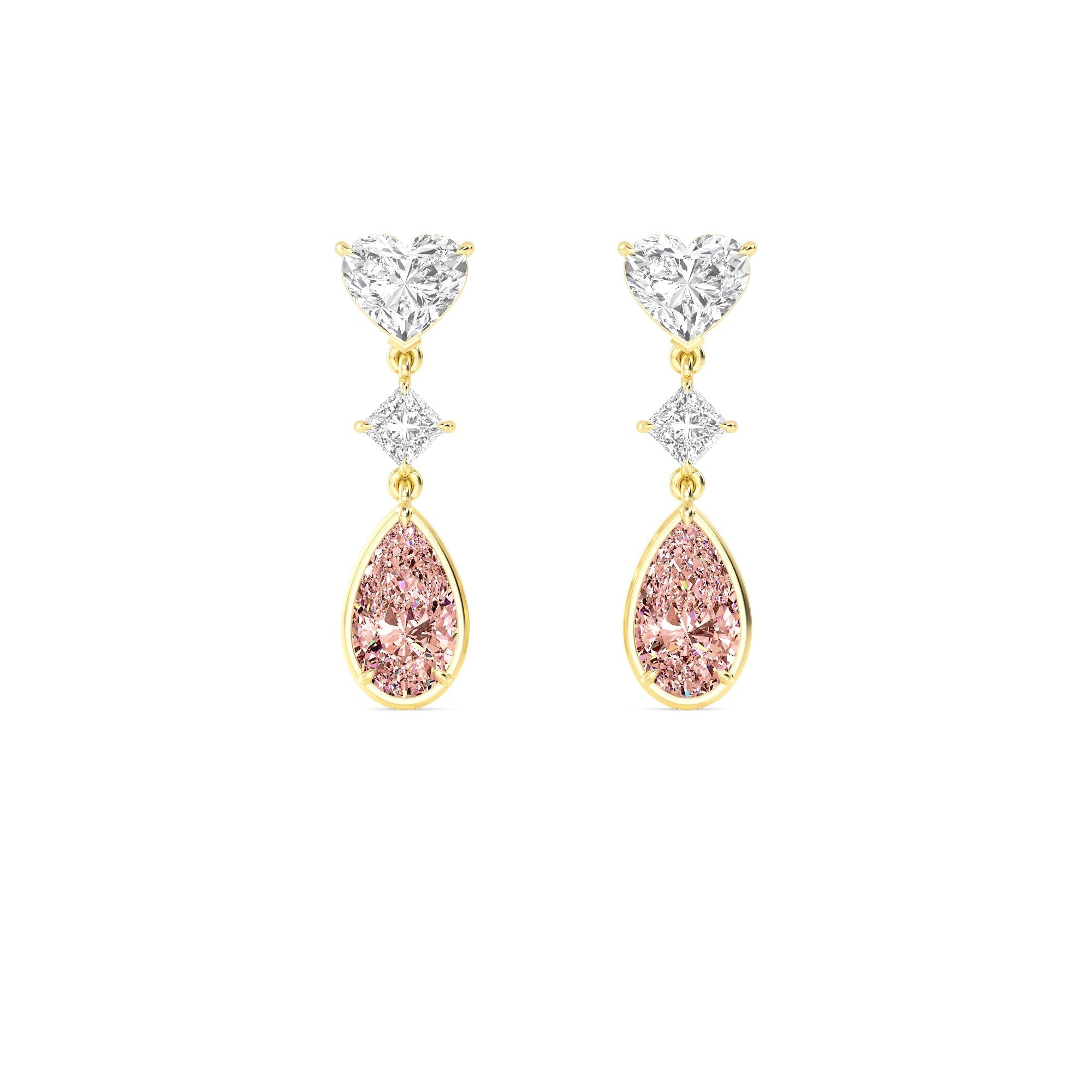 10.36ct Heart Princess and Pink Pear cut Lab Grown Diamond Exceptional Trilogy Earrings