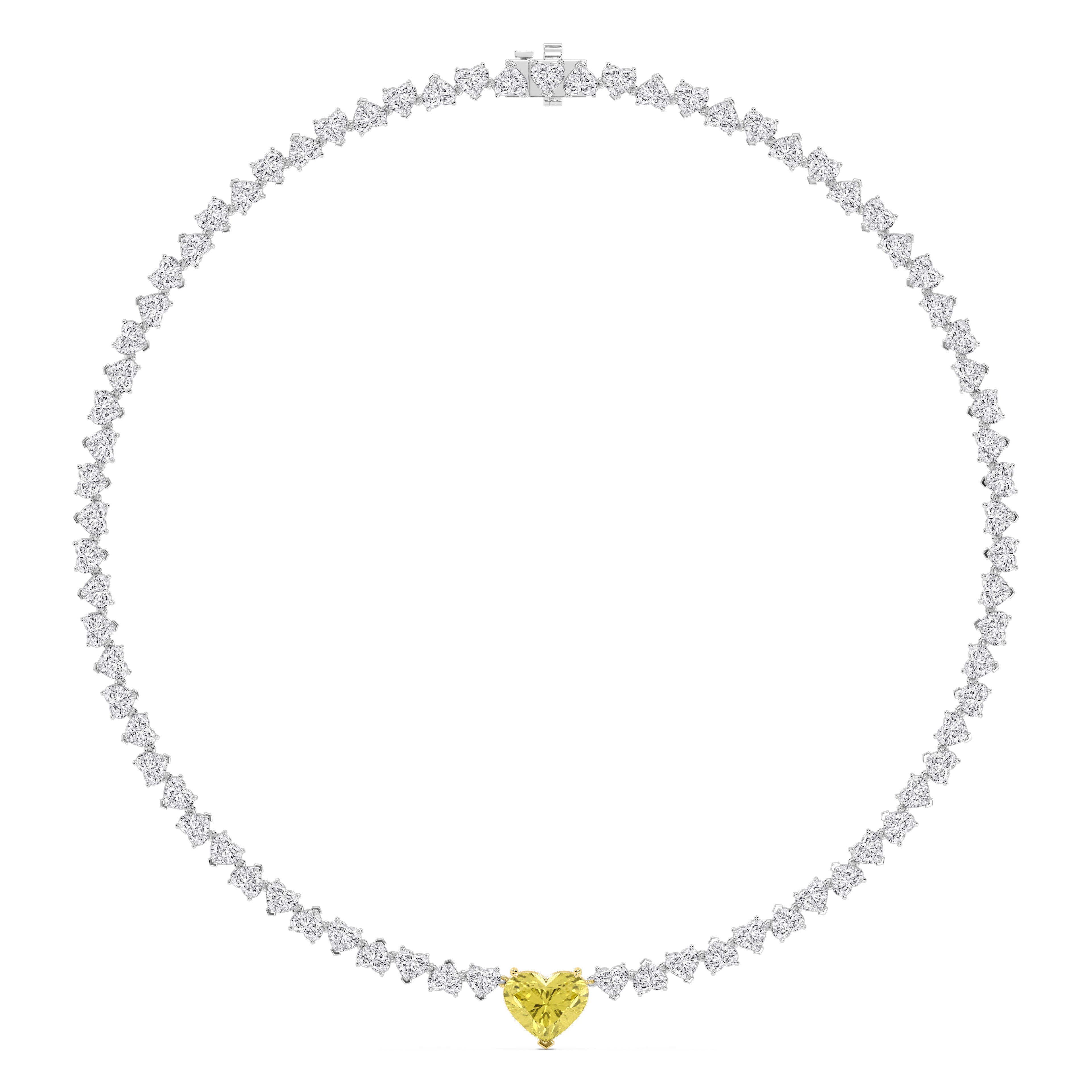 34.03ct Yellow and White Heart Shape Lab Grown Diamond Exceptional Tennis Necklace