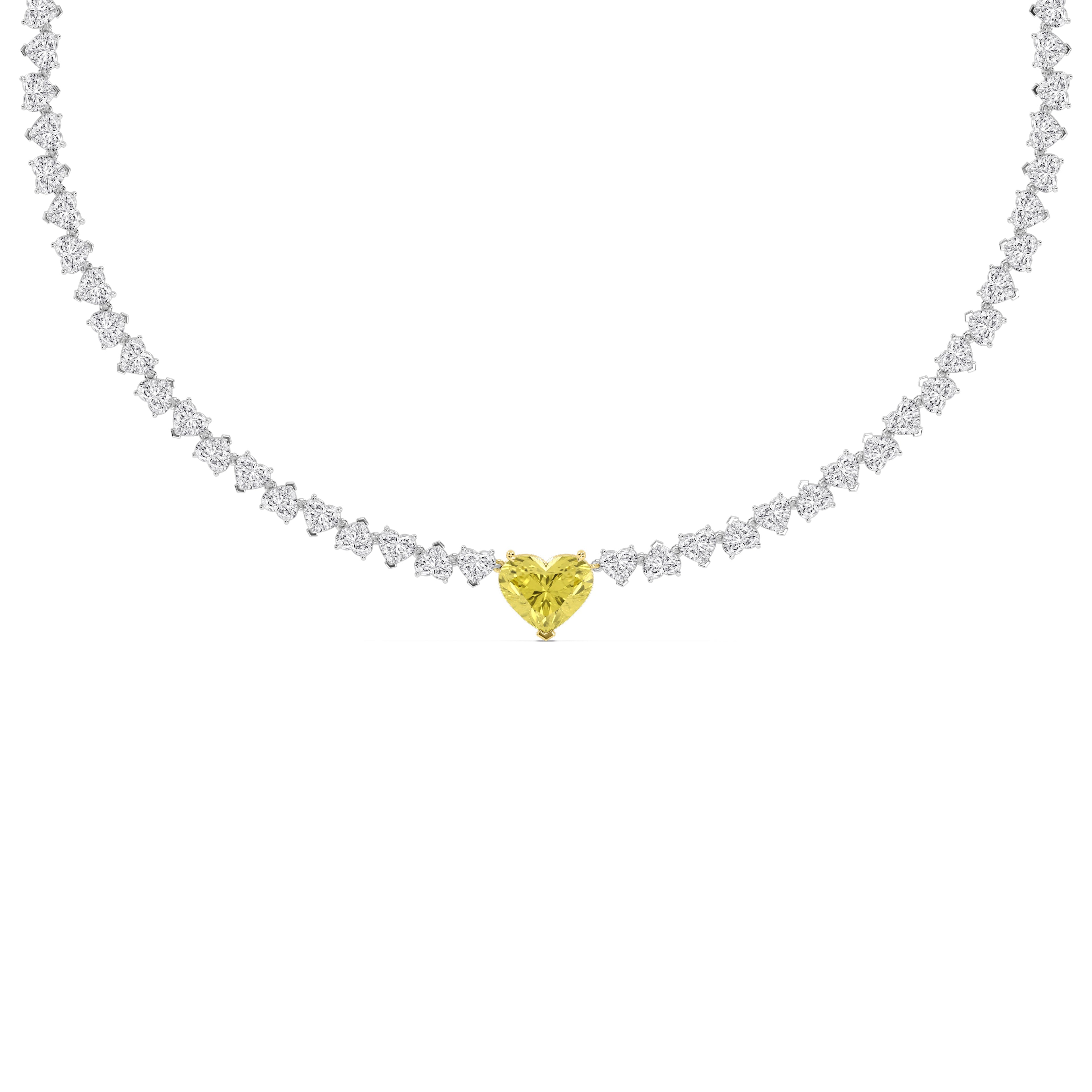 34.03ct Yellow and White Heart Shape Lab Grown Diamond Exceptional Tennis Necklace