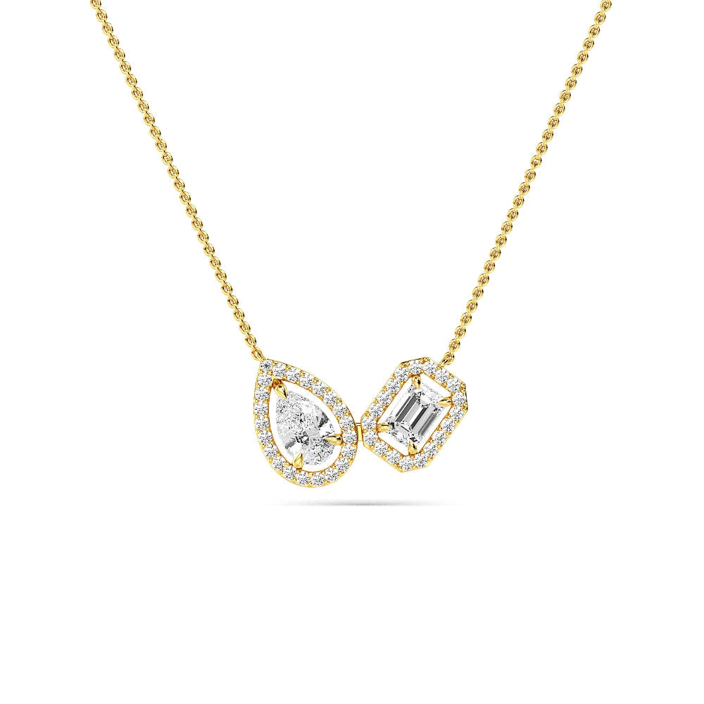 1.42ctw Emerald and Pear Lab Grown Diamond Toi et Moi Halo Necklace