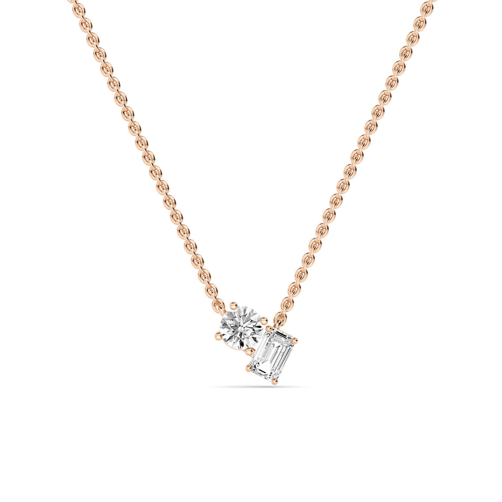0.91ctw Emerald and Round Lab Grown Diamond Toi et Moi Necklace