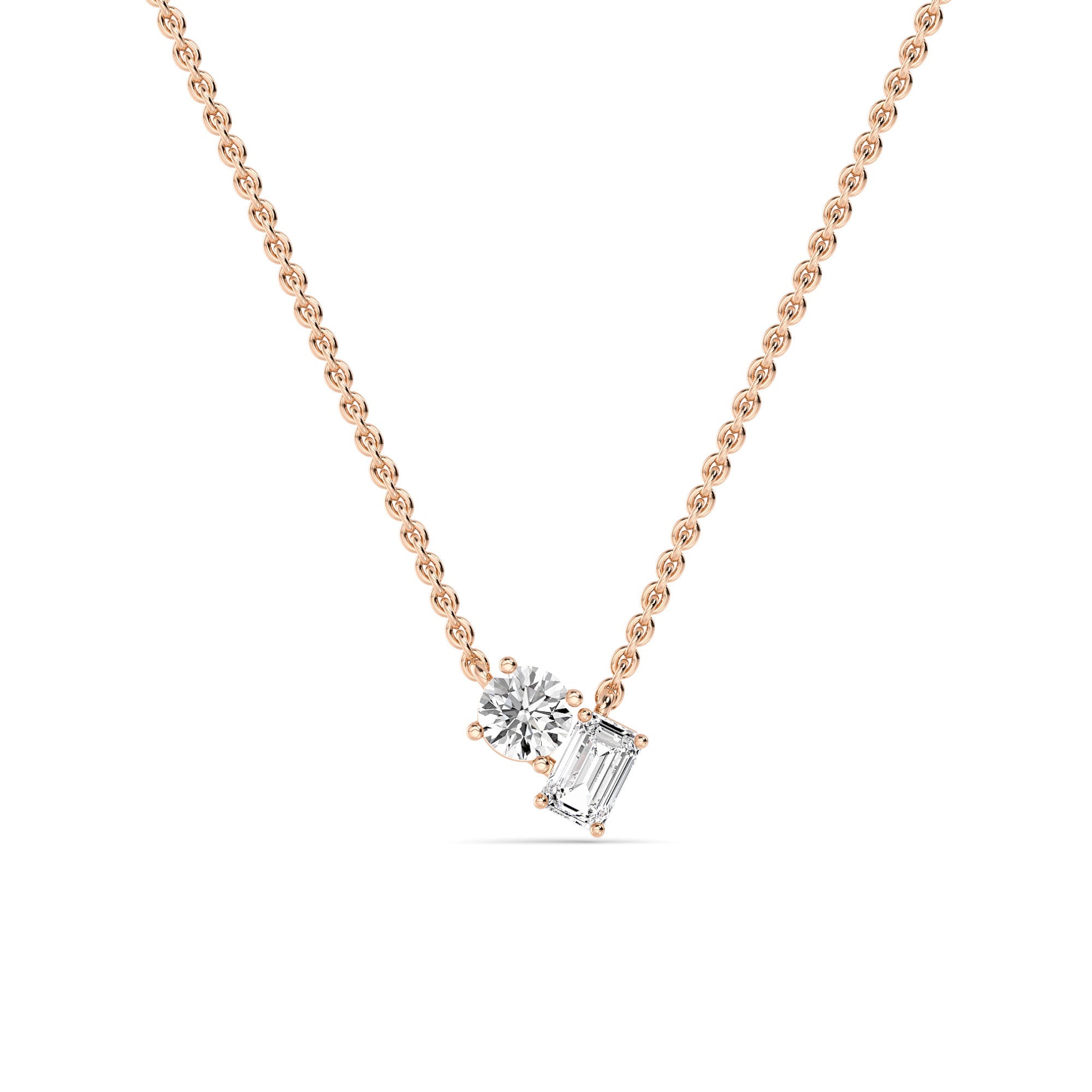 0.91ctw Emerald and Round Lab Grown Diamond Toi et Moi Necklace