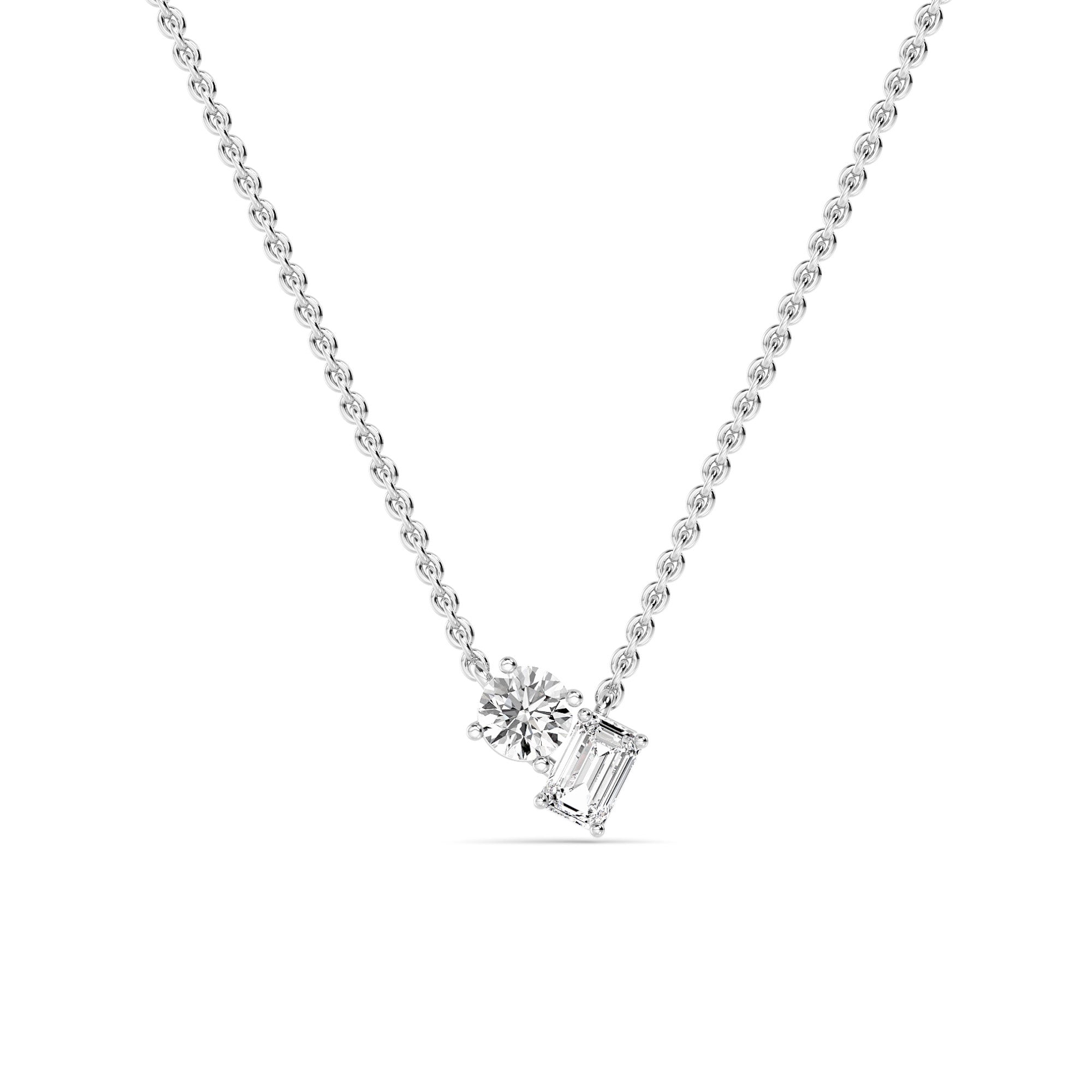 0.91ctw Emerald and Round Lab Grown Diamond Toi et Moi Necklace
