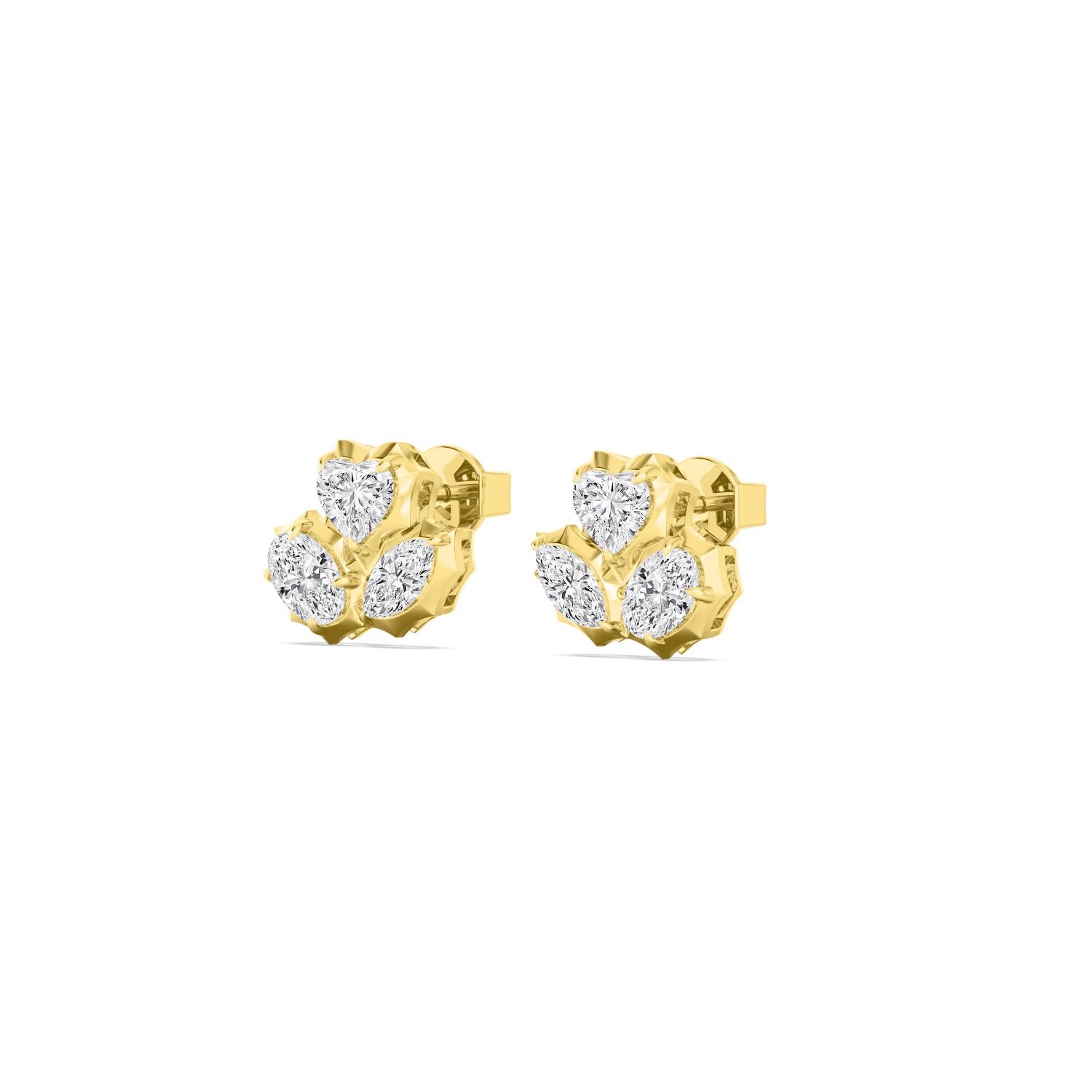 1.90ct Heart Marquise and Oval cut Lab Grown Diamond Georgian Cut Down Cluster Earrings