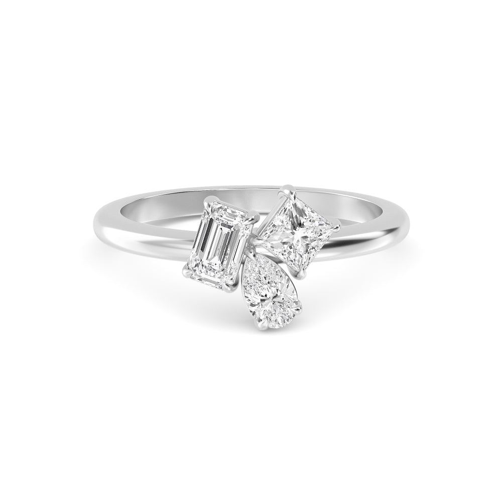 0.75ct Pear Princess and Emerald cut Lab Grown Diamond Three Stone Cluster Ring