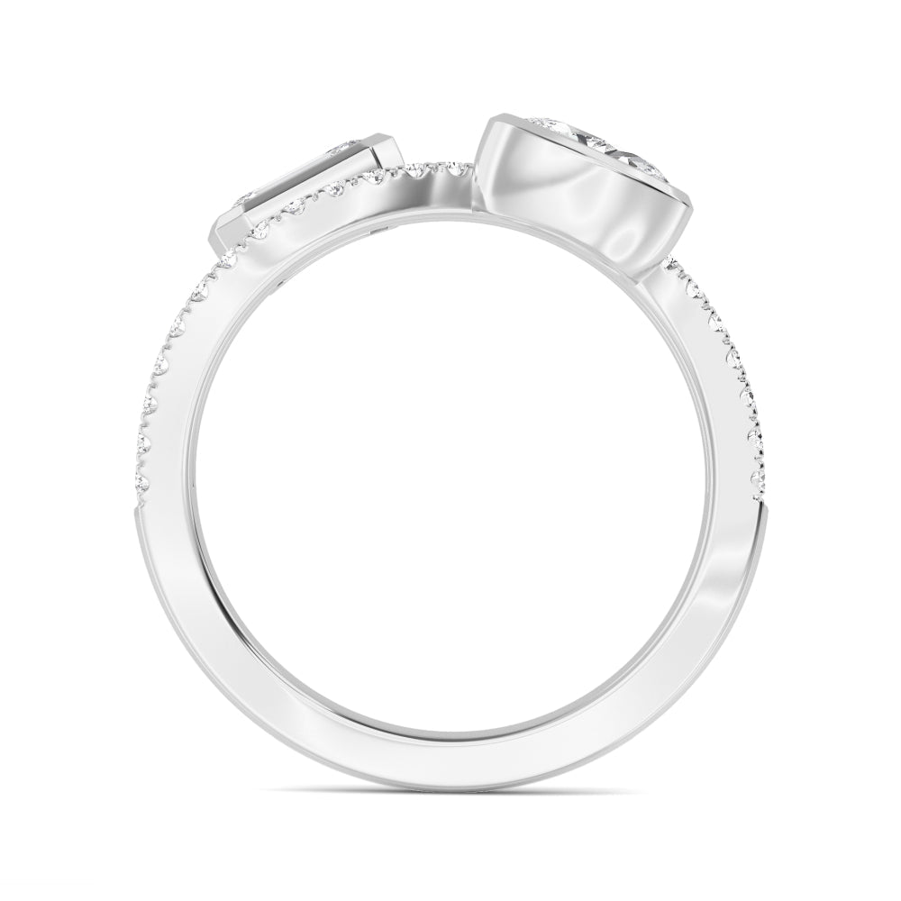 1.00ct Toi Et Moi Emerald cut and Oval Lab Grown Diamond Bezel Pave Wave Ring