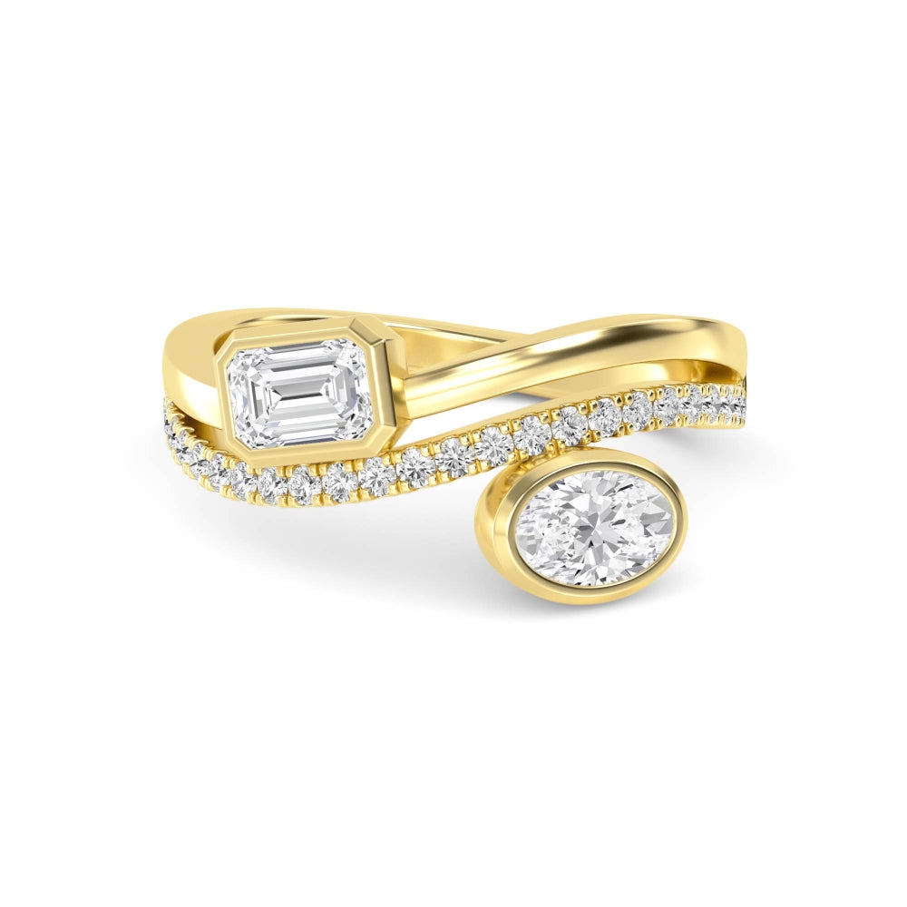 1.00ct Toi Et Moi Emerald cut and Oval Lab Grown Diamond Bezel Pave Wave Ring