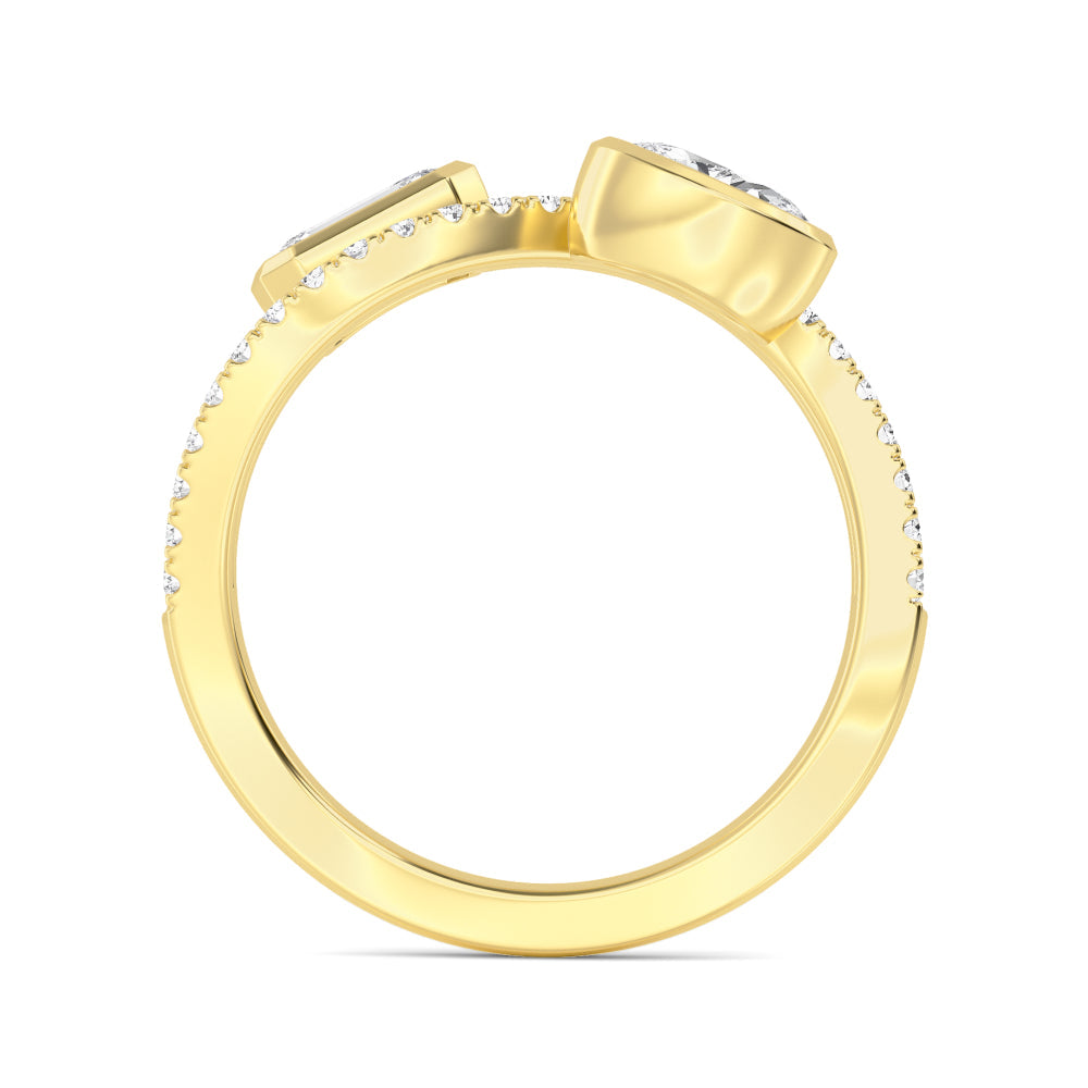 1.00ct Toi Et Moi Emerald cut and Oval Lab Grown Diamond Bezel Pave Wave Ring