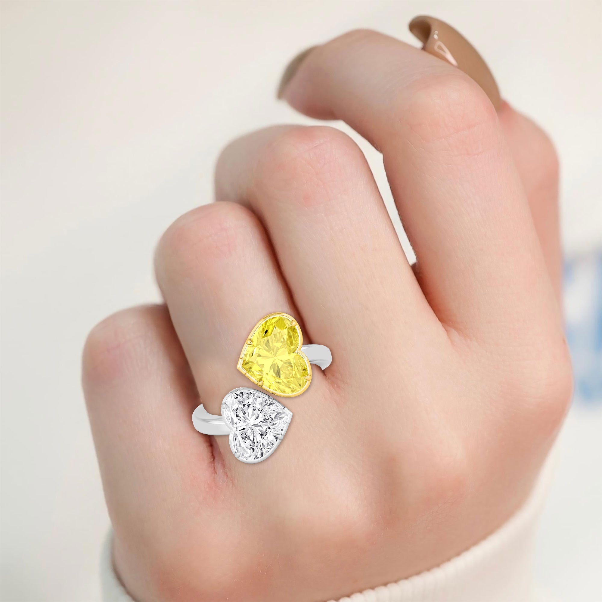 8.00ct Toi Et Moi Heart Yellow and White Lab Grown Diamond Exceptional Ring