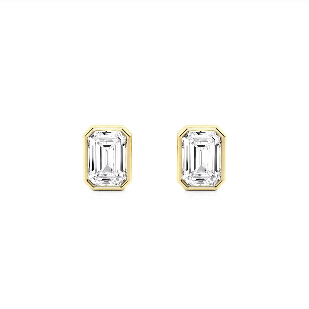 1.00ct Lab Grown Diamond Emerald cut Bezel Set Earrings in 14k Gold