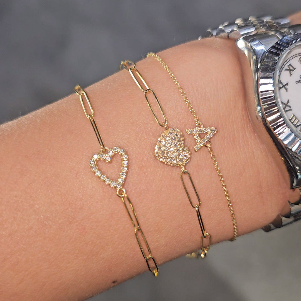 0.35ct Natural Mined Diamond Puffed Heart Paperclip Bracelet in 14k Gold