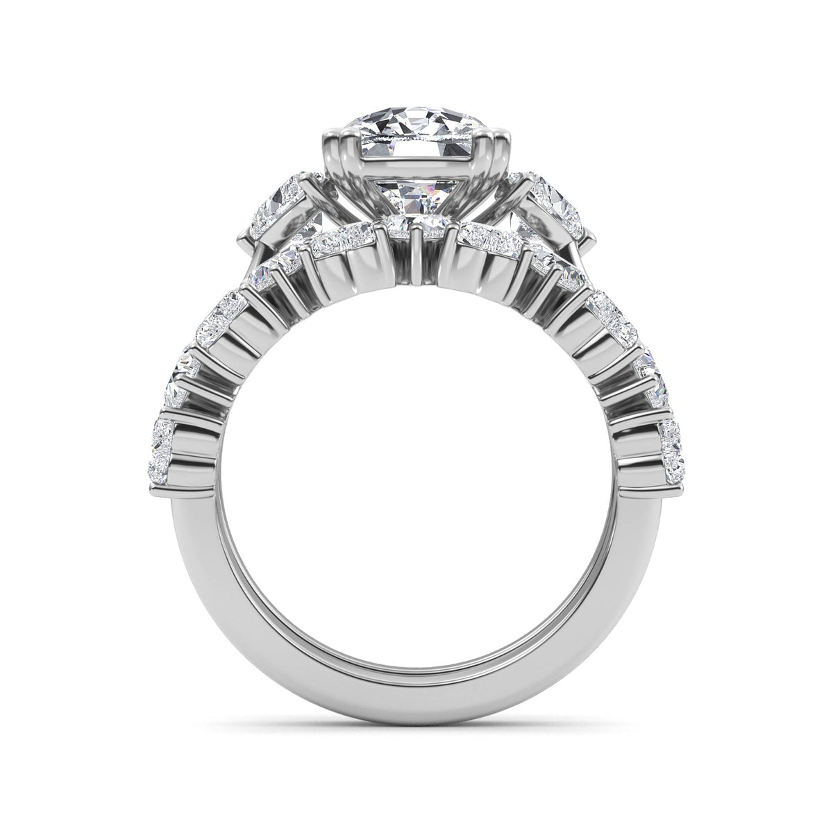 4.70ctw Cushion and Heart cut Lab Grown Diamond Exceptional Trilogy Engagement and Wedding Ring Set