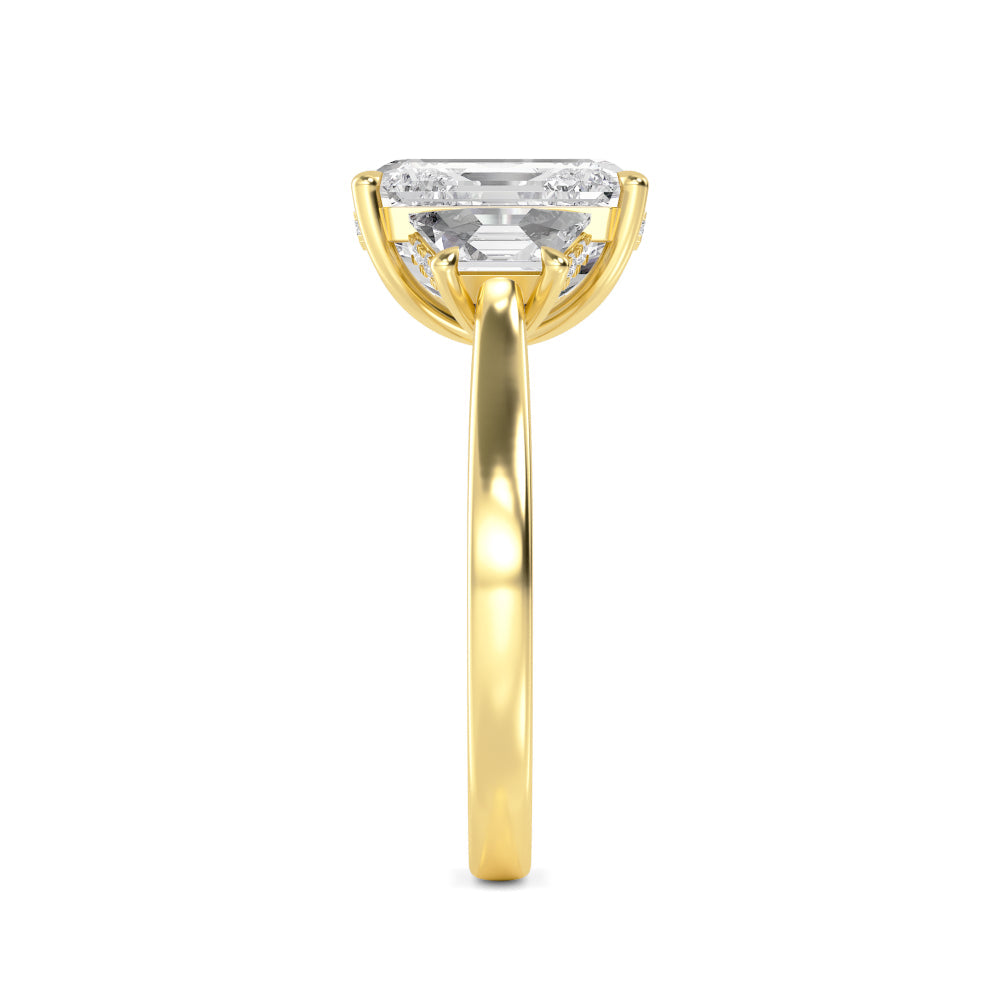 4.00ctw Emerald cut and Trapezoid Lab Grown Diamond Hidden Halo Trilogy Engagement Ring