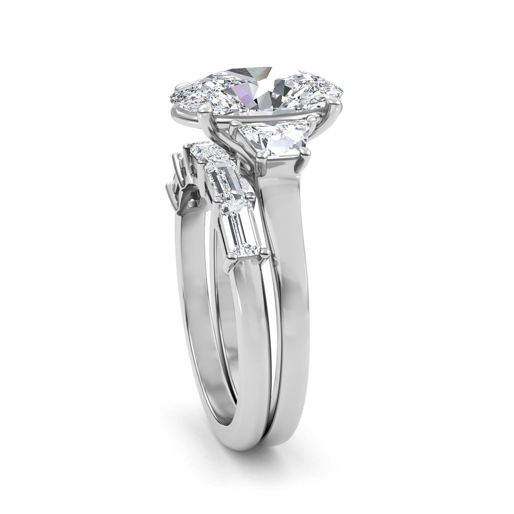4.86ctw Oval and Trapezoid cut Lab Grown Diamond Exceptional Trilogy Engagement and Baguette Wedding Ring Set