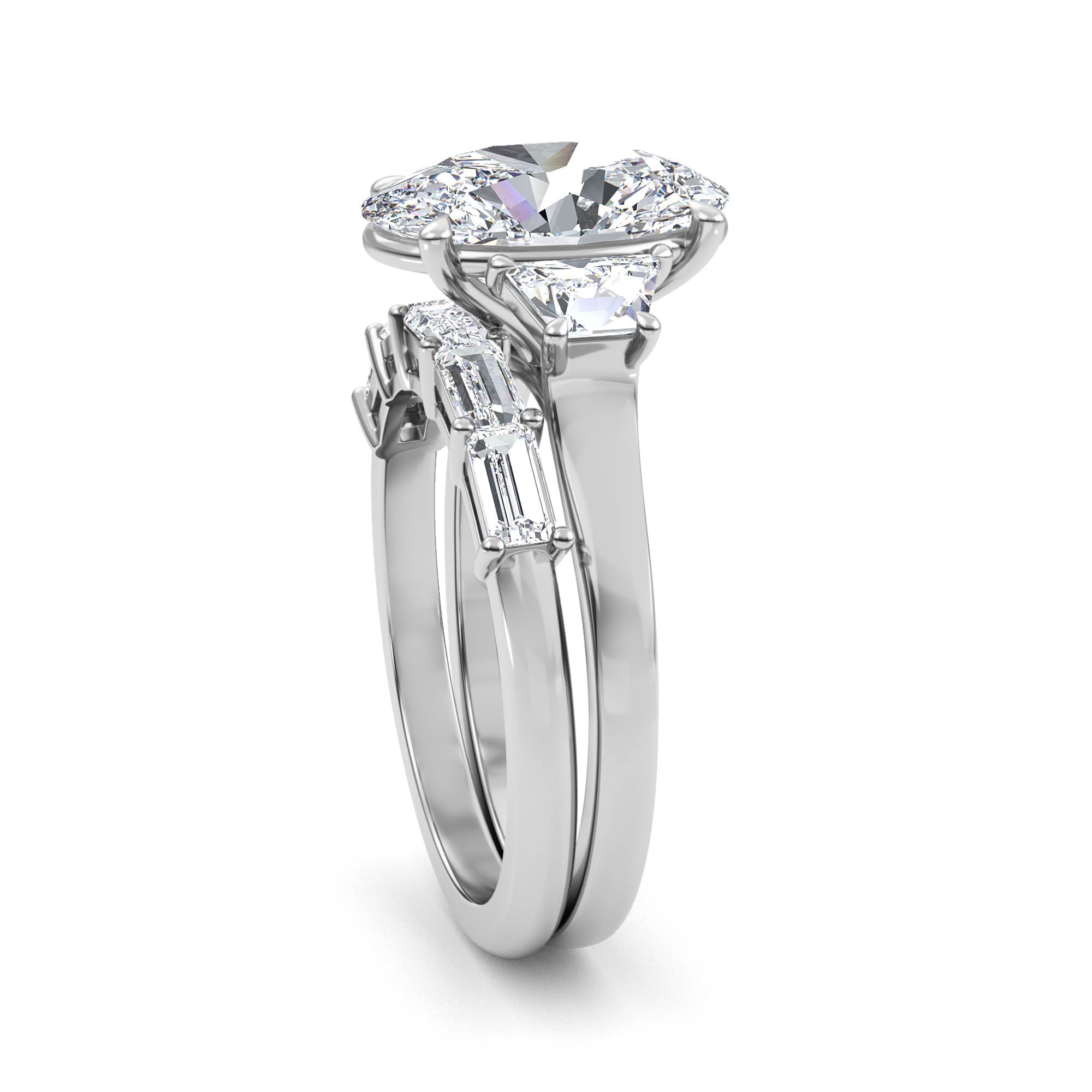 4.86ctw Oval and Trapezoid cut Lab Grown Diamond Exceptional Trilogy Engagement and Baguette Wedding Ring Set