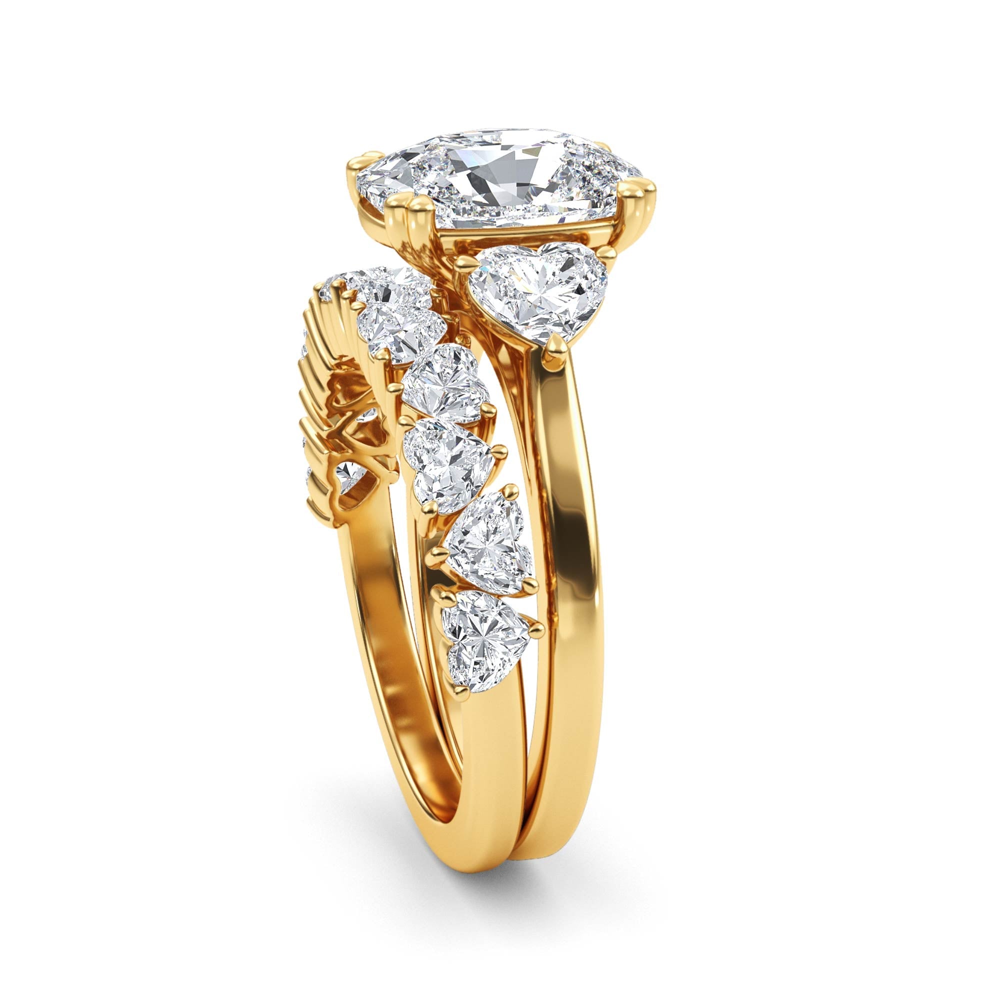 4.70ctw Cushion and Heart cut Lab Grown Diamond Exceptional Trilogy Engagement and Wedding Ring Set