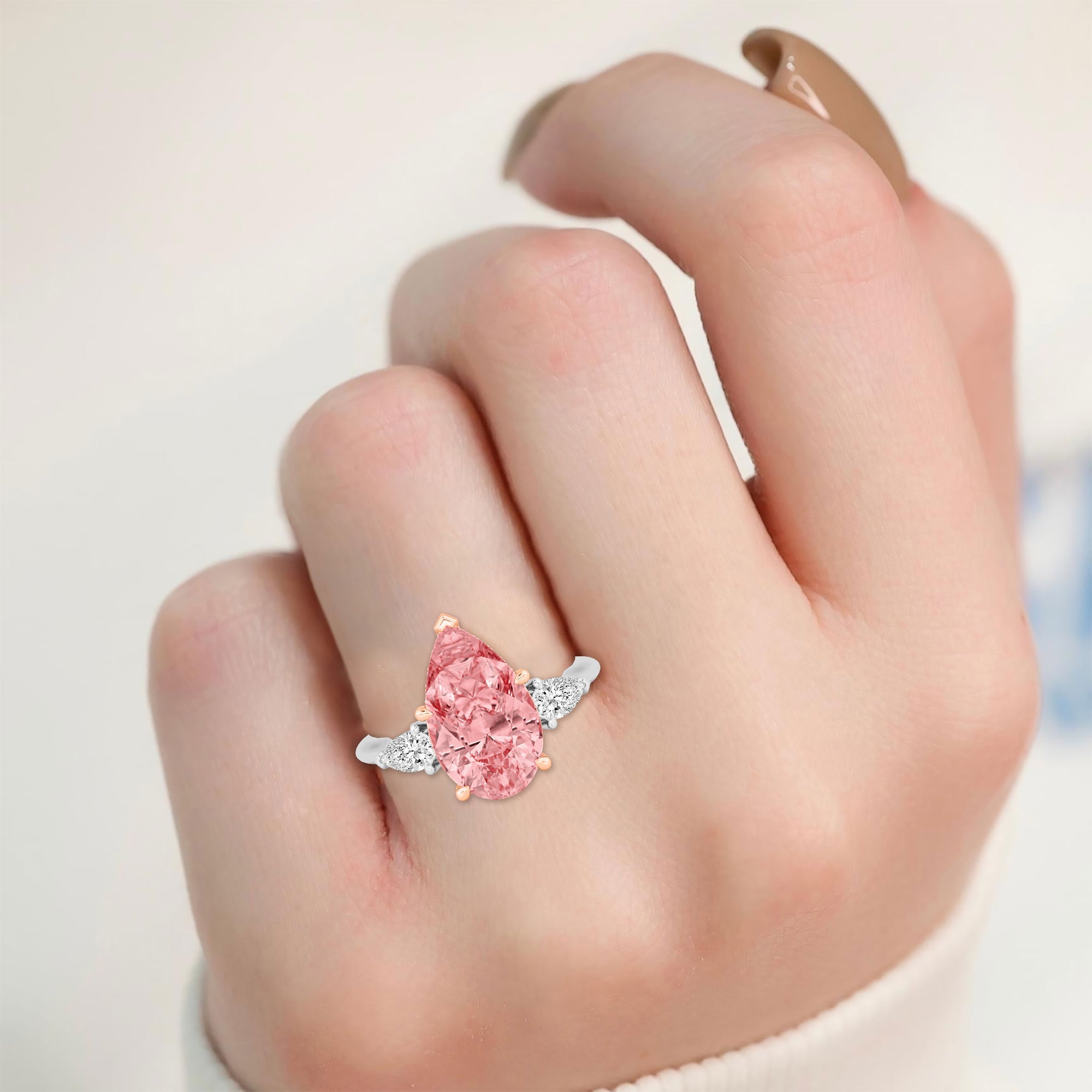 4.88ctw Pear shape Pink Lab Grown Diamond Exceptional Trilogy Engagement Ring