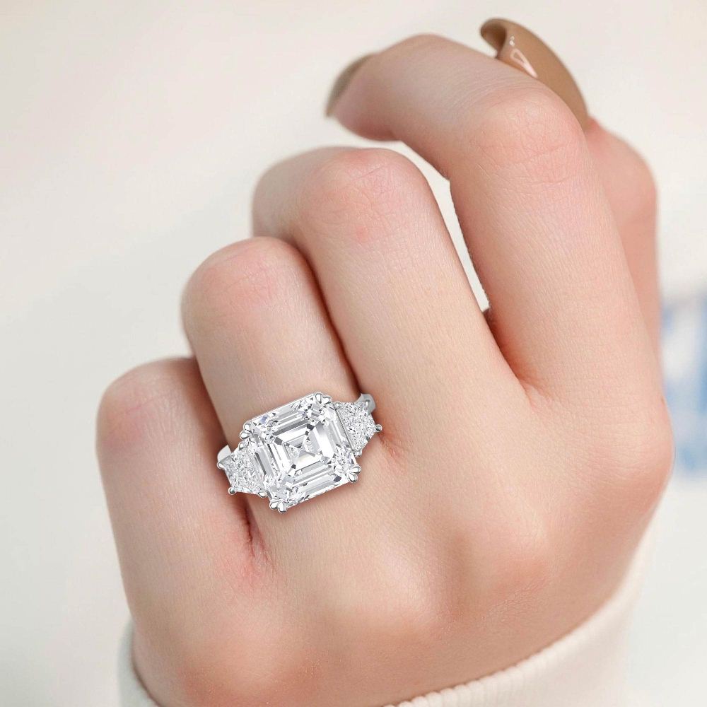 5.90ctw Asscher and Trapezoid cut Lab Grown Diamond Trilogy Engagement Ring