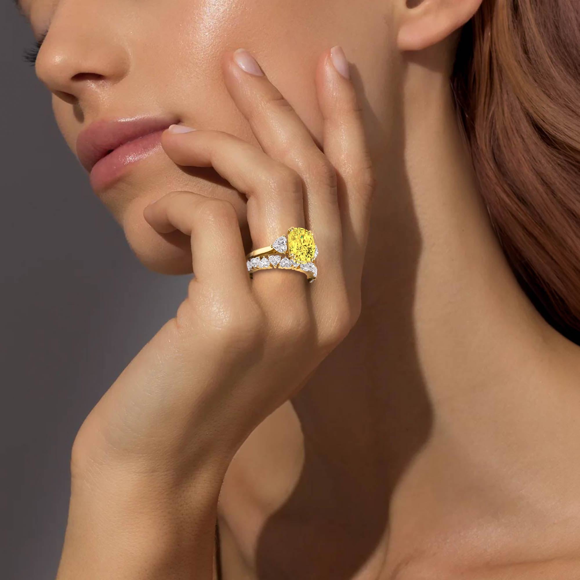 4.70ctw Yellow Cushion and Heart cut Lab Grown Diamond Exceptional Trilogy Engagement and Wedding Ring Set